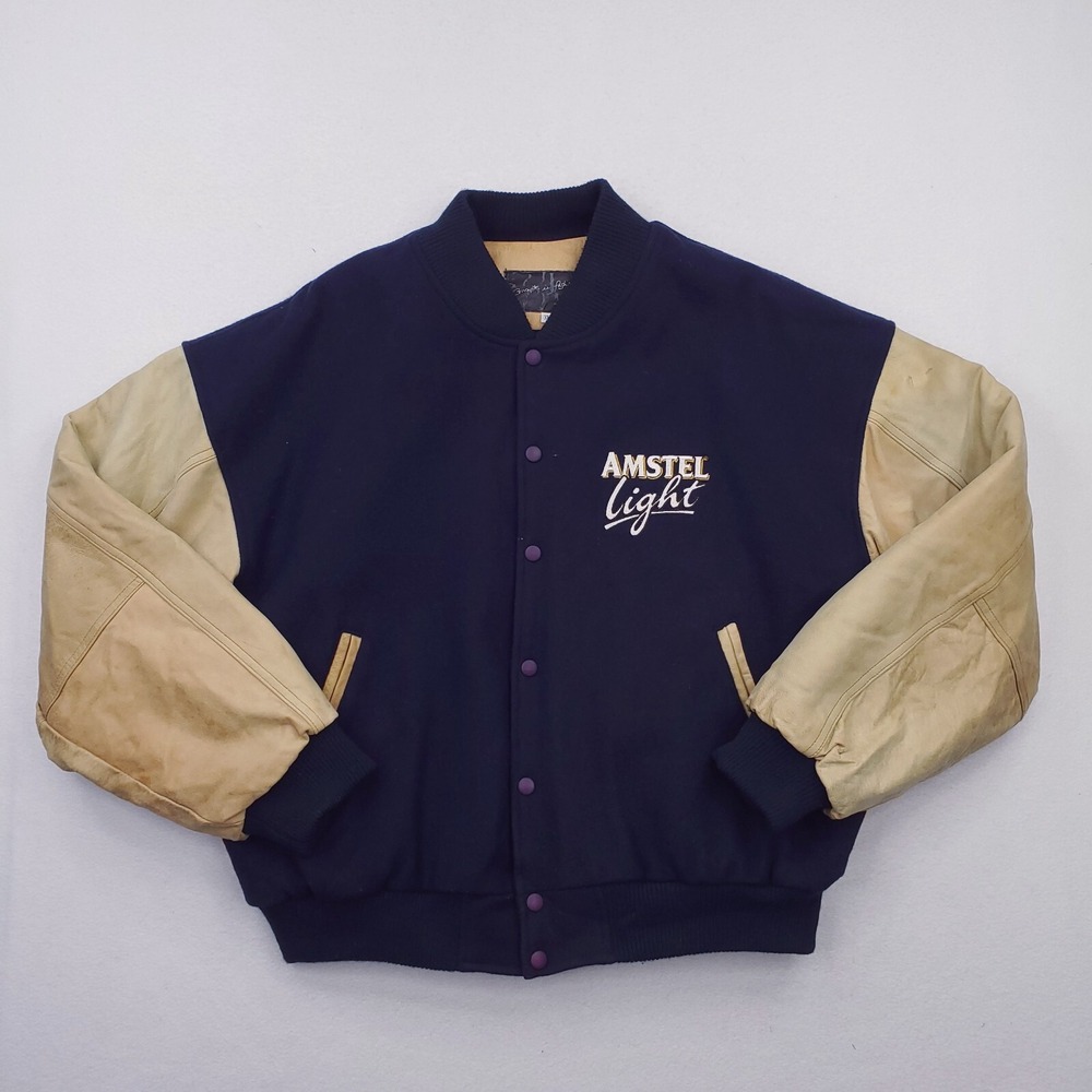 Vintage Amstel Light Jacket Mens XL Blue Tan Varsity Letterman Bomber Beer - Picture 1 of 16